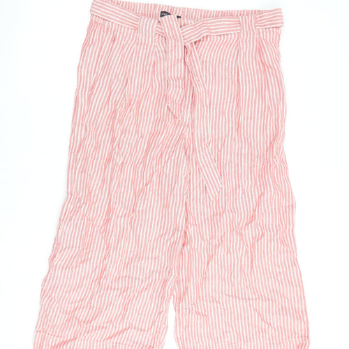 Marks and Spencer Womens Red Striped Flax Cropped Trousers Size 16 L22 in Regular Zip