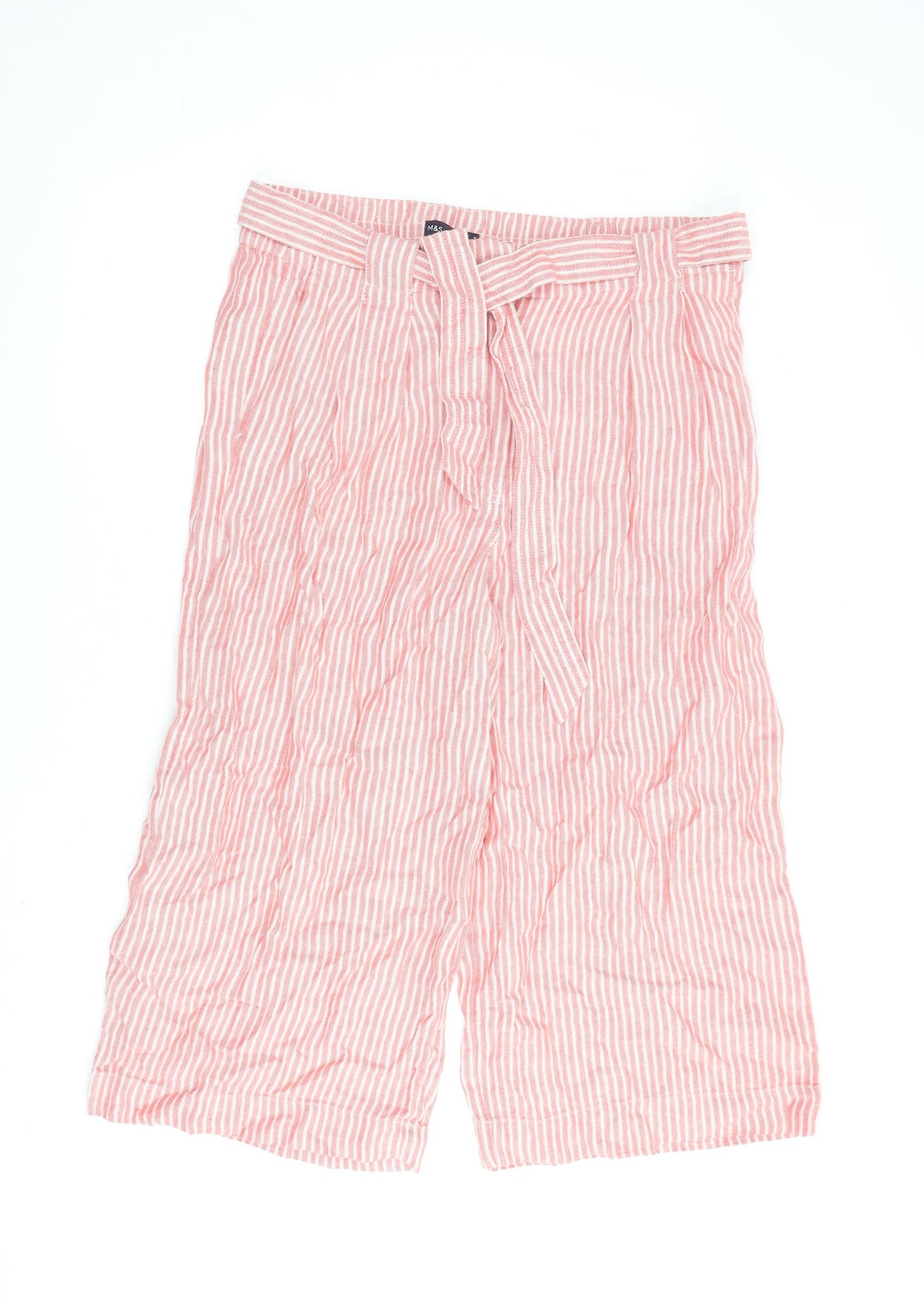 Marks and Spencer Womens Red Striped Flax Cropped Trousers Size 16 L22 in Regular Zip