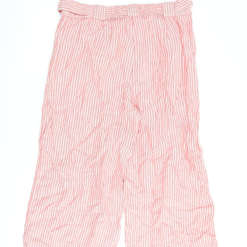 Marks and Spencer Womens Red Striped Flax Cropped Trousers Size 16 L22 in Regular Zip