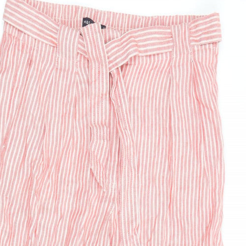 Marks and Spencer Womens Red Striped Flax Cropped Trousers Size 16 L22 in Regular Zip