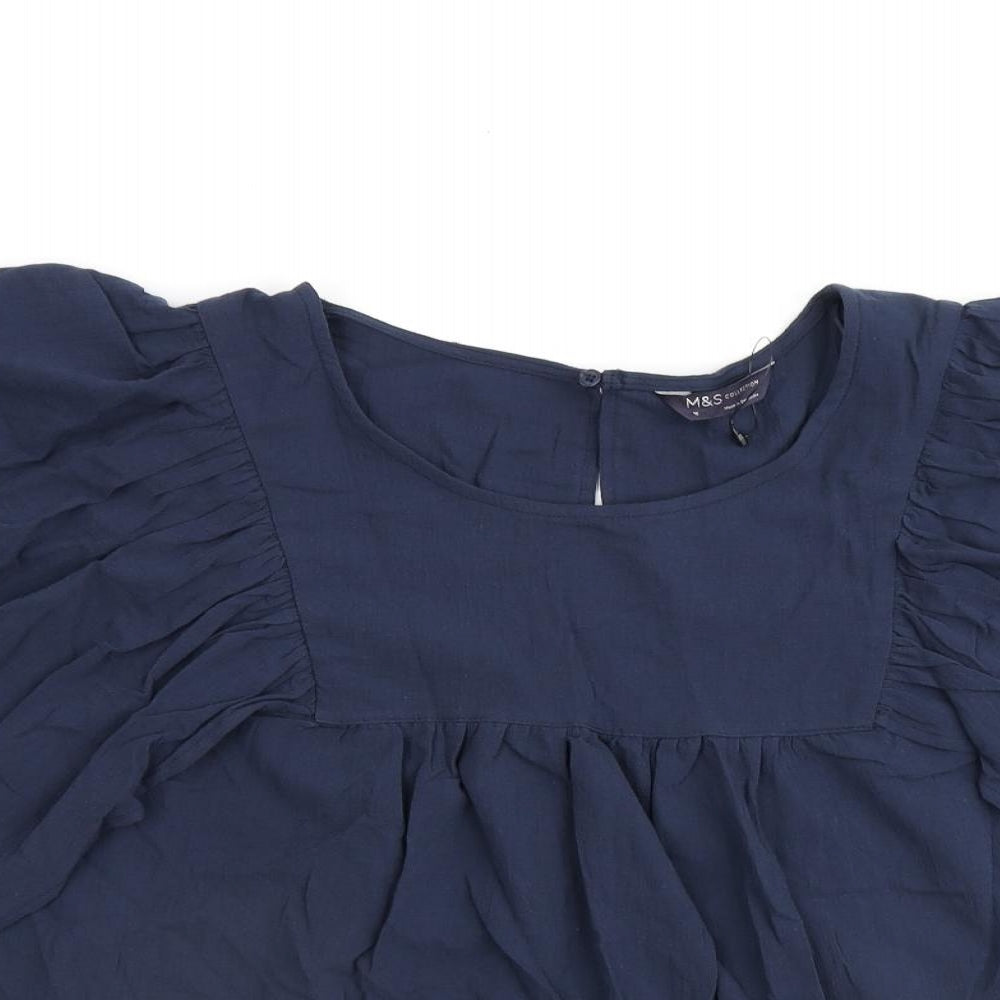 Marks and Spencer Womens Blue 100% Cotton Basic Blouse Size 16 Round Neck