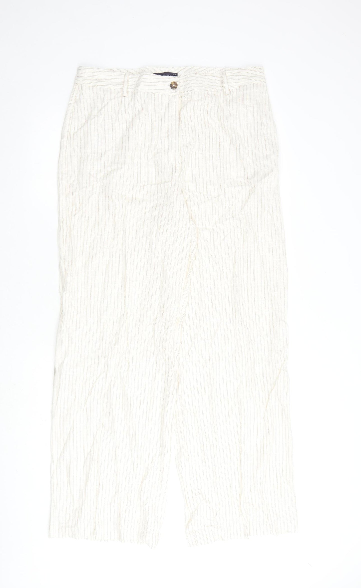 Marks and Spencer Womens Beige Striped Flax Trousers Size 16 L30 in Regular Zip