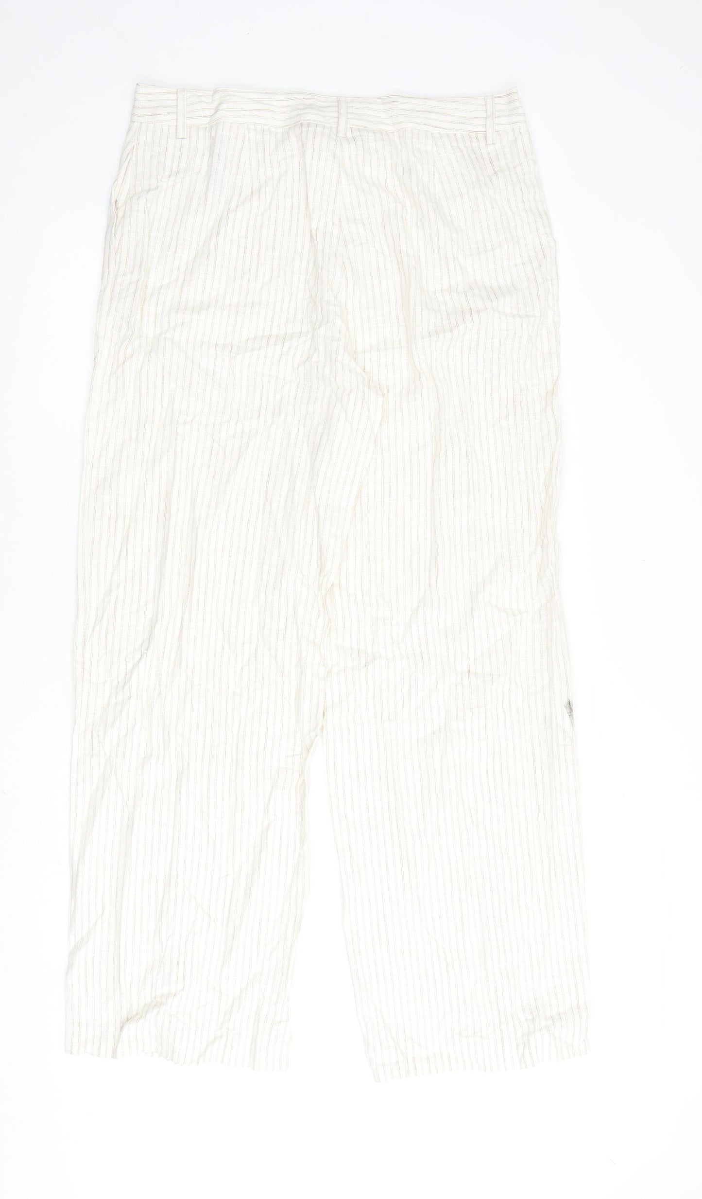 Marks and Spencer Womens Beige Striped Flax Trousers Size 16 L30 in Regular Zip