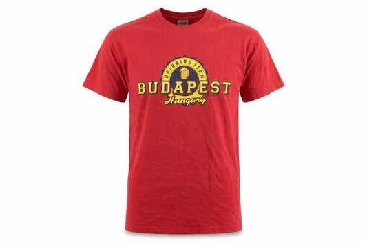 Front view of Budapest men’s red polyester t-shirt, size S, round neck