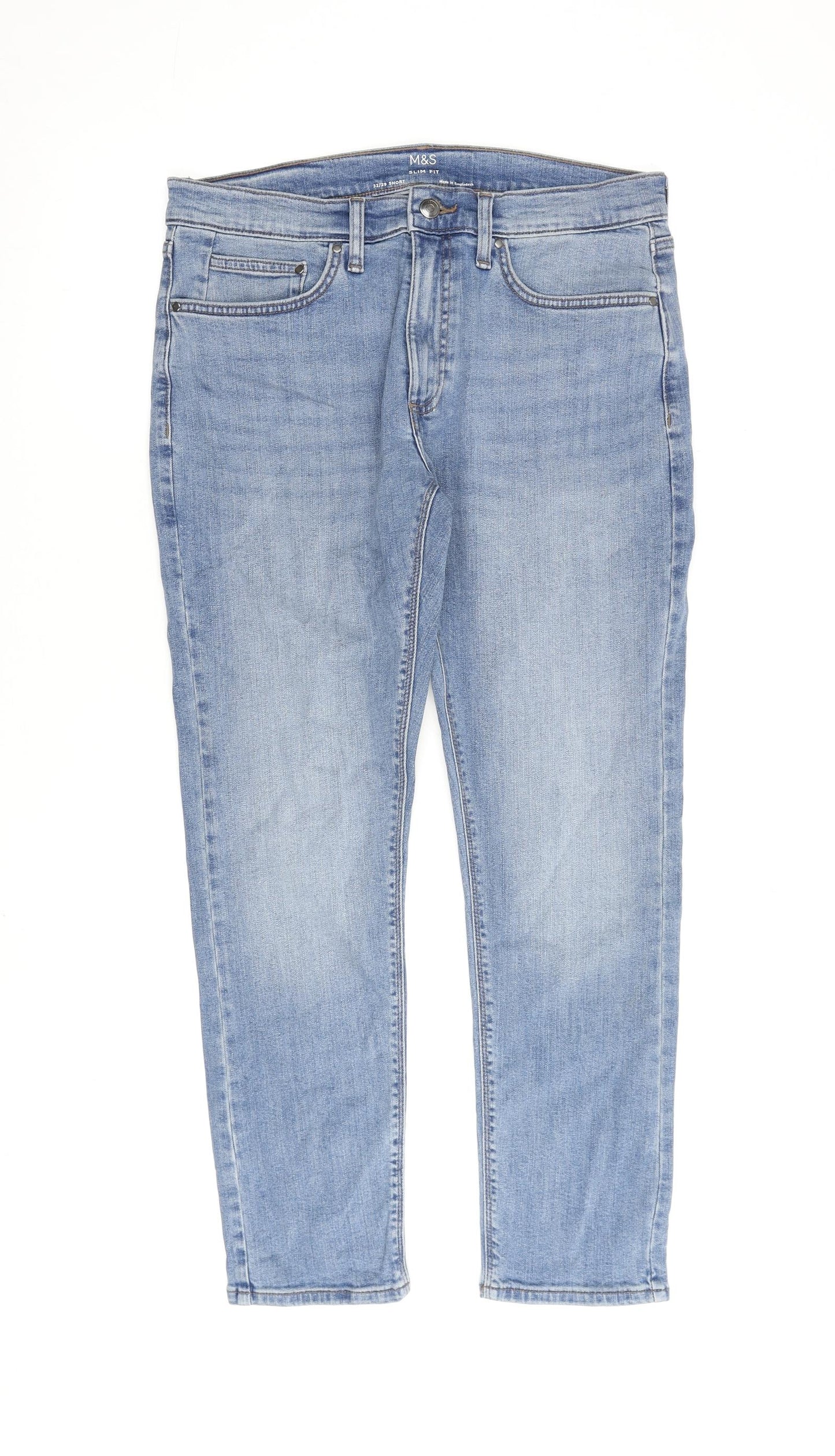 Marks and Spencer Mens Blue Cotton Straight Jeans Size 32 in L29 in Slim Zip