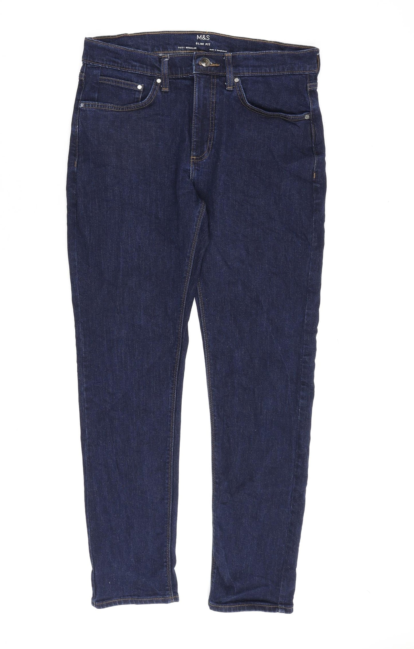 Marks and Spencer Mens Blue Cotton Straight Jeans Size 32 in L31 in Slim Zip