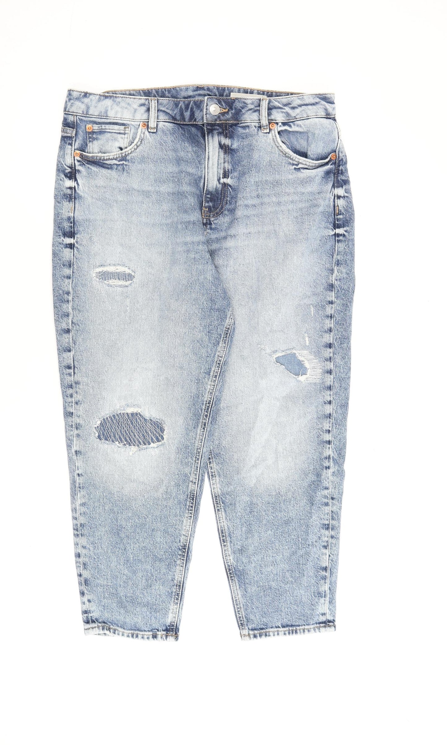 Marks and Spencer Womens Blue Cotton Mom Jeans Size 16 L25 in Regular Zip