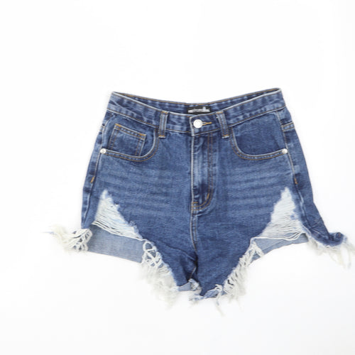 PRETTYLITTLETHING Womens Blue Cotton Cut-Off Shorts Size 8 L3 in Regular Zip - Distressed, Pockets, Belt Loops