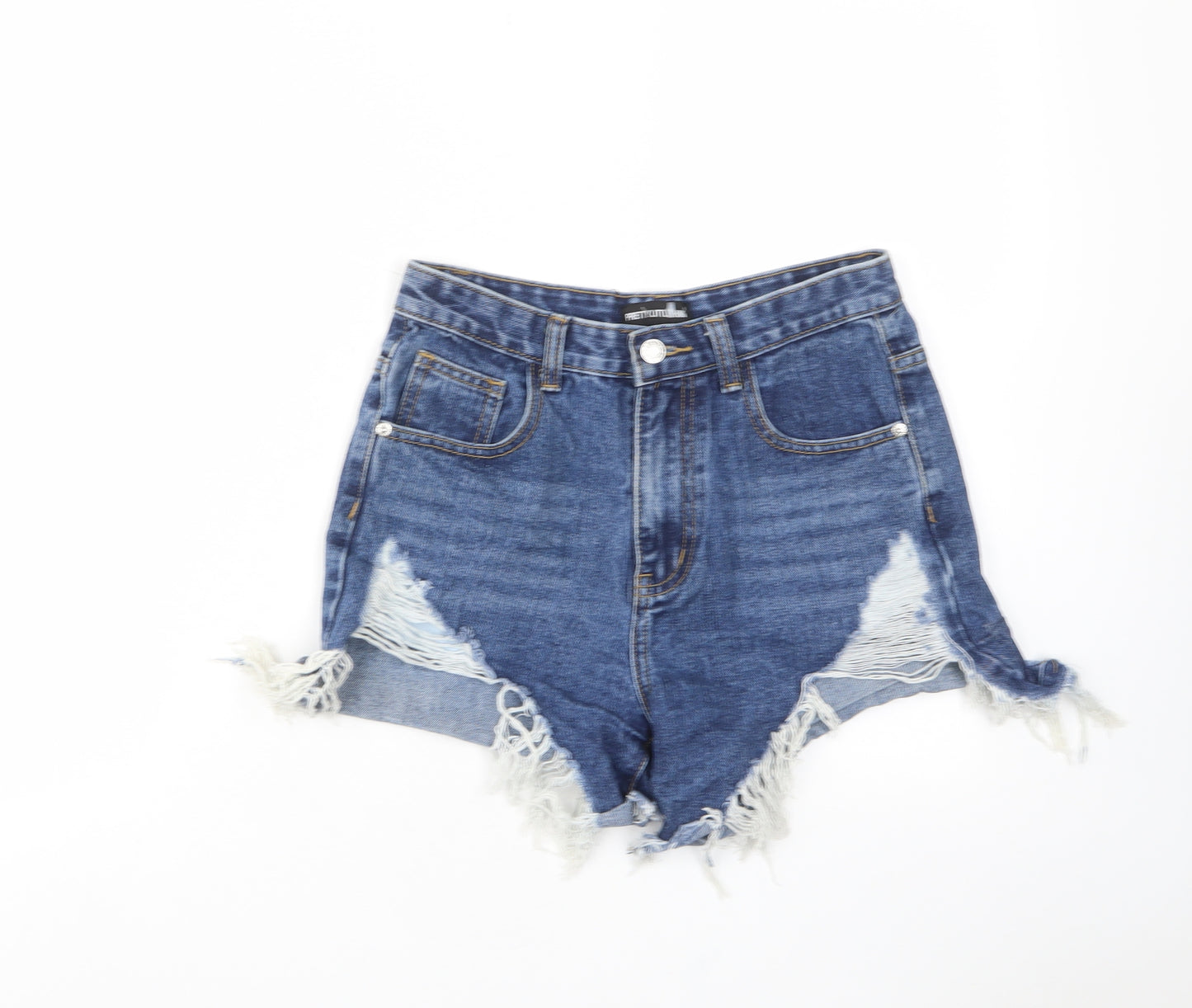 PRETTYLITTLETHING Womens Blue Cotton Cut-Off Shorts Size 8 L3 in Regular Zip - Distressed, Pockets, Belt Loops