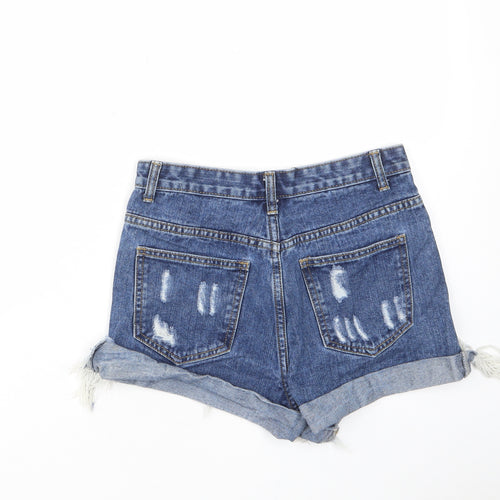 PRETTYLITTLETHING Womens Blue Cotton Cut-Off Shorts Size 8 L3 in Regular Zip - Distressed, Pockets, Belt Loops