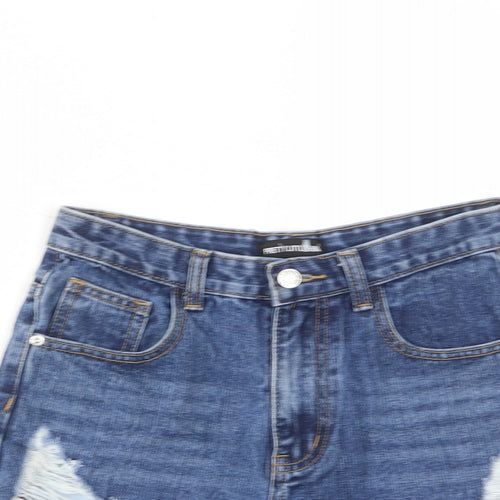 PRETTYLITTLETHING Womens Blue Cotton Cut-Off Shorts Size 8 L3 in Regular Zip - Distressed, Pockets, Belt Loops
