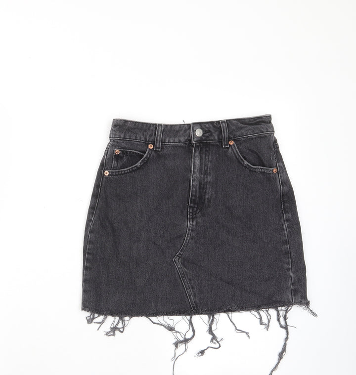 Topshop Womens Grey Cotton A-Line Skirt Size 8 Zip - Distressed, Pockets, Belt Loops