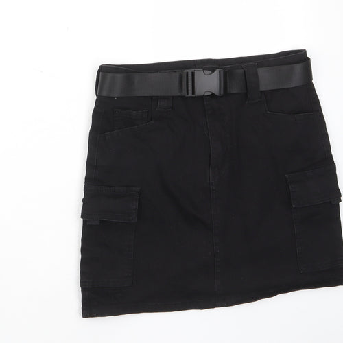 PRETTYLITTLETHING Womens Black Cotton A-Line Skirt Size 8 Zip - Pockets, Belt Loops, Buckle belt