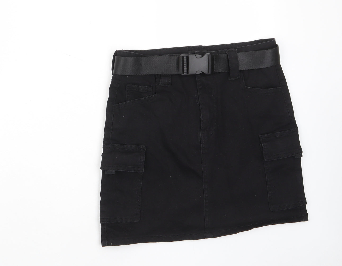 PRETTYLITTLETHING Womens Black Cotton A-Line Skirt Size 8 Zip - Pockets, Belt Loops, Buckle belt