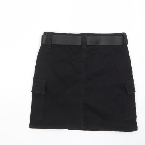 PRETTYLITTLETHING Womens Black Cotton A-Line Skirt Size 8 Zip - Pockets, Belt Loops, Buckle belt