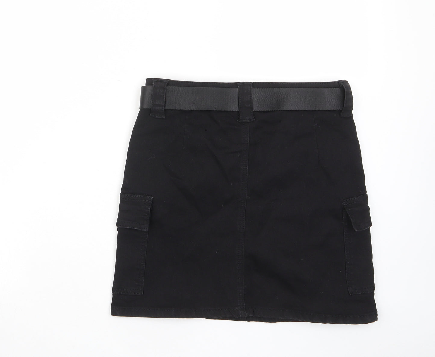 PRETTYLITTLETHING Womens Black Cotton A-Line Skirt Size 8 Zip - Pockets, Belt Loops, Buckle belt