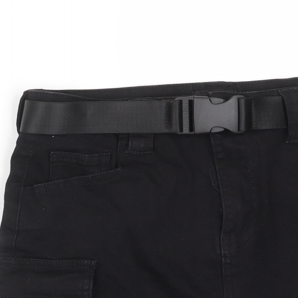 PRETTYLITTLETHING Womens Black Cotton A-Line Skirt Size 8 Zip - Pockets, Belt Loops, Buckle belt
