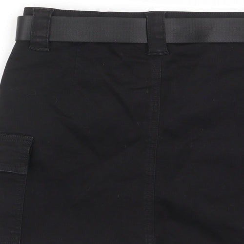 PRETTYLITTLETHING Womens Black Cotton A-Line Skirt Size 8 Zip - Pockets, Belt Loops, Buckle belt