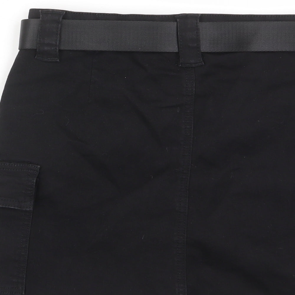 PRETTYLITTLETHING Womens Black Cotton A-Line Skirt Size 8 Zip - Pockets, Belt Loops, Buckle belt