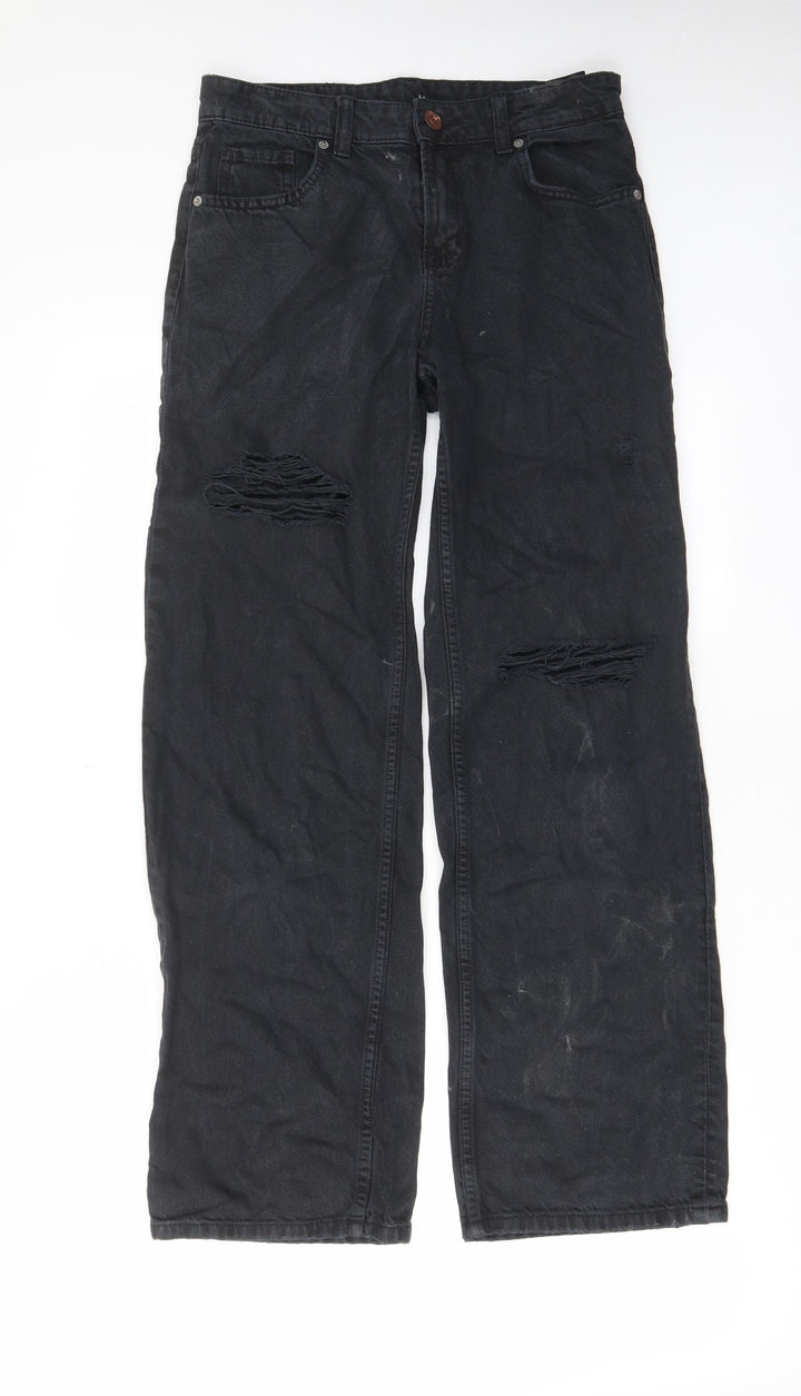 H&M Womens Grey Cotton Wide-Leg Jeans Size 6 L29 in Regular Zip - Pockets, Belt Loops