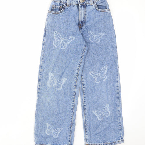 Denim & Co. Girls Blue Geometric Cotton Wide-Leg Jeans Size 8-9 Years Regular Zip - Butterfly, Pockets, Adjustable waist