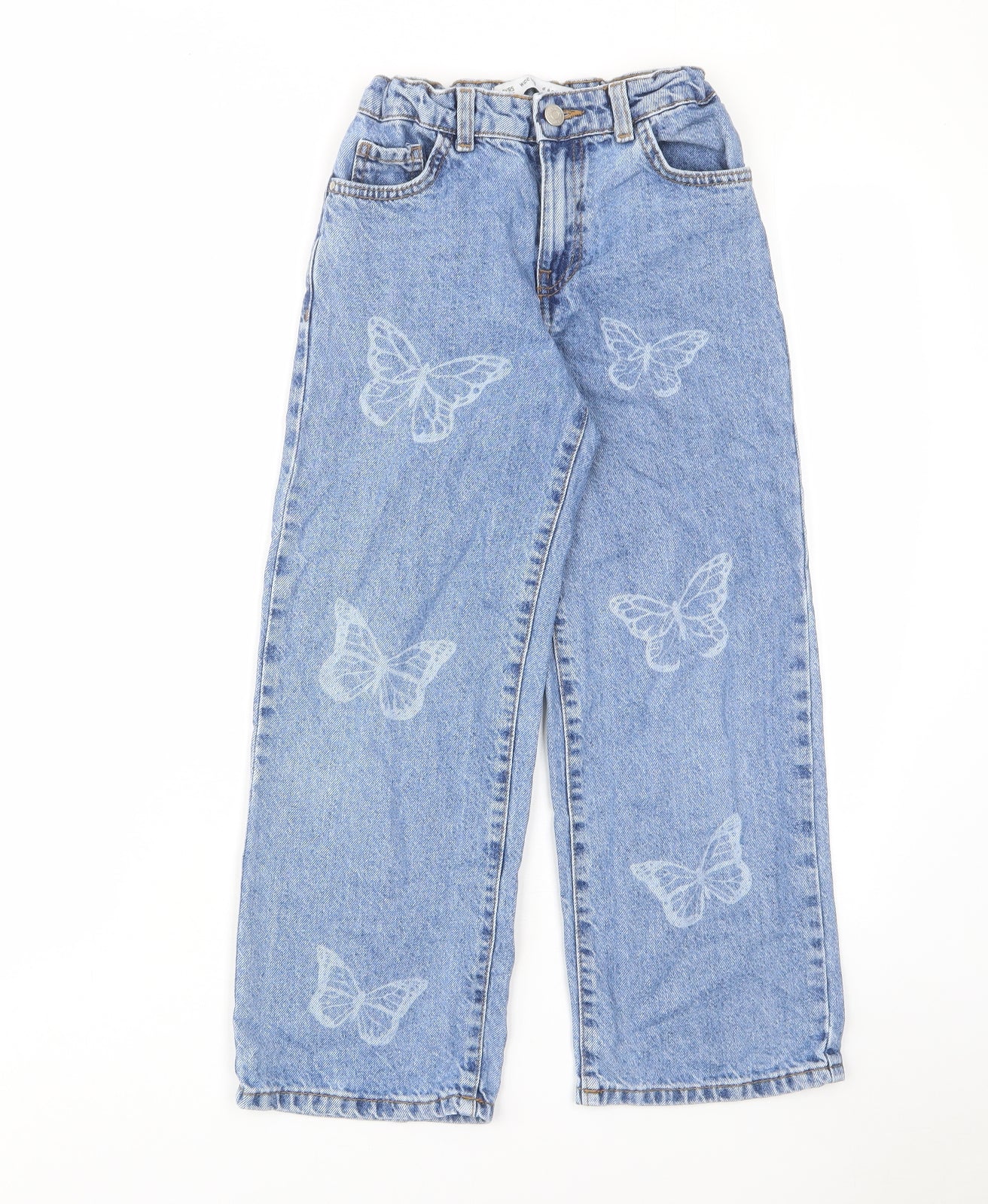 Denim & Co. Girls Blue Geometric Cotton Wide-Leg Jeans Size 8-9 Years Regular Zip - Butterfly, Pockets, Adjustable waist