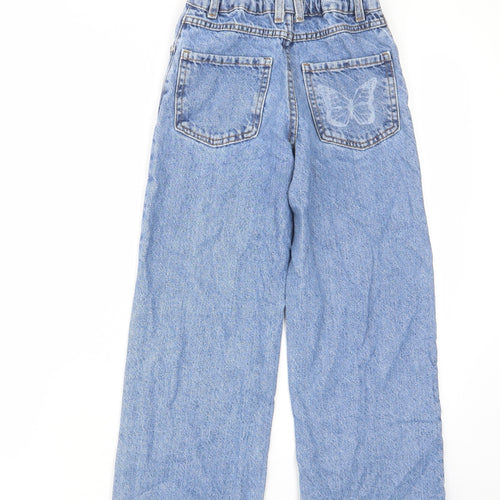 Denim & Co. Girls Blue Geometric Cotton Wide-Leg Jeans Size 8-9 Years Regular Zip - Butterfly, Pockets, Adjustable waist