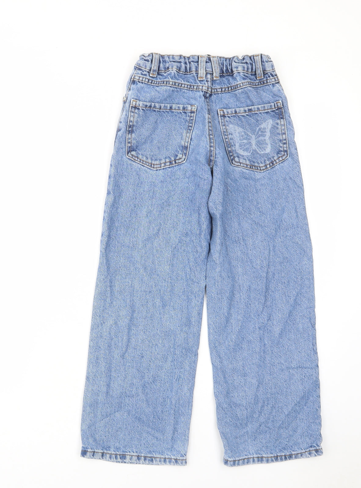 Denim & Co. Girls Blue Geometric Cotton Wide-Leg Jeans Size 8-9 Years Regular Zip - Butterfly, Pockets, Adjustable waist