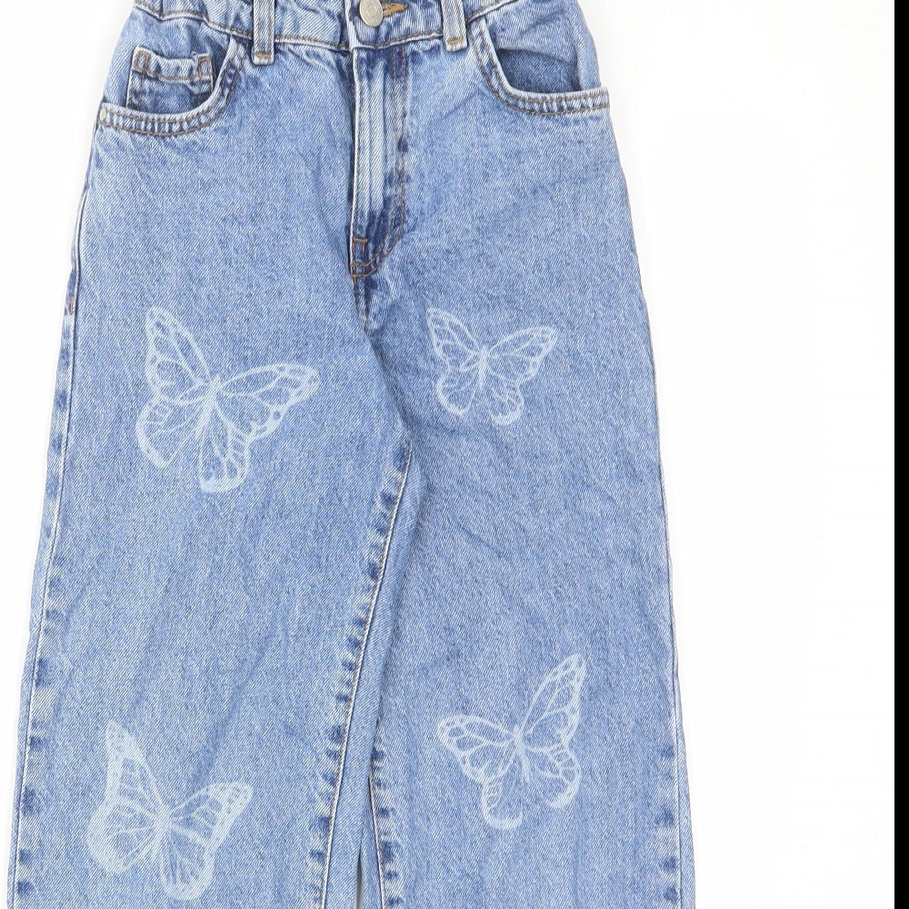 Denim & Co. Girls Blue Geometric Cotton Wide-Leg Jeans Size 8-9 Years Regular Zip - Butterfly, Pockets, Adjustable waist