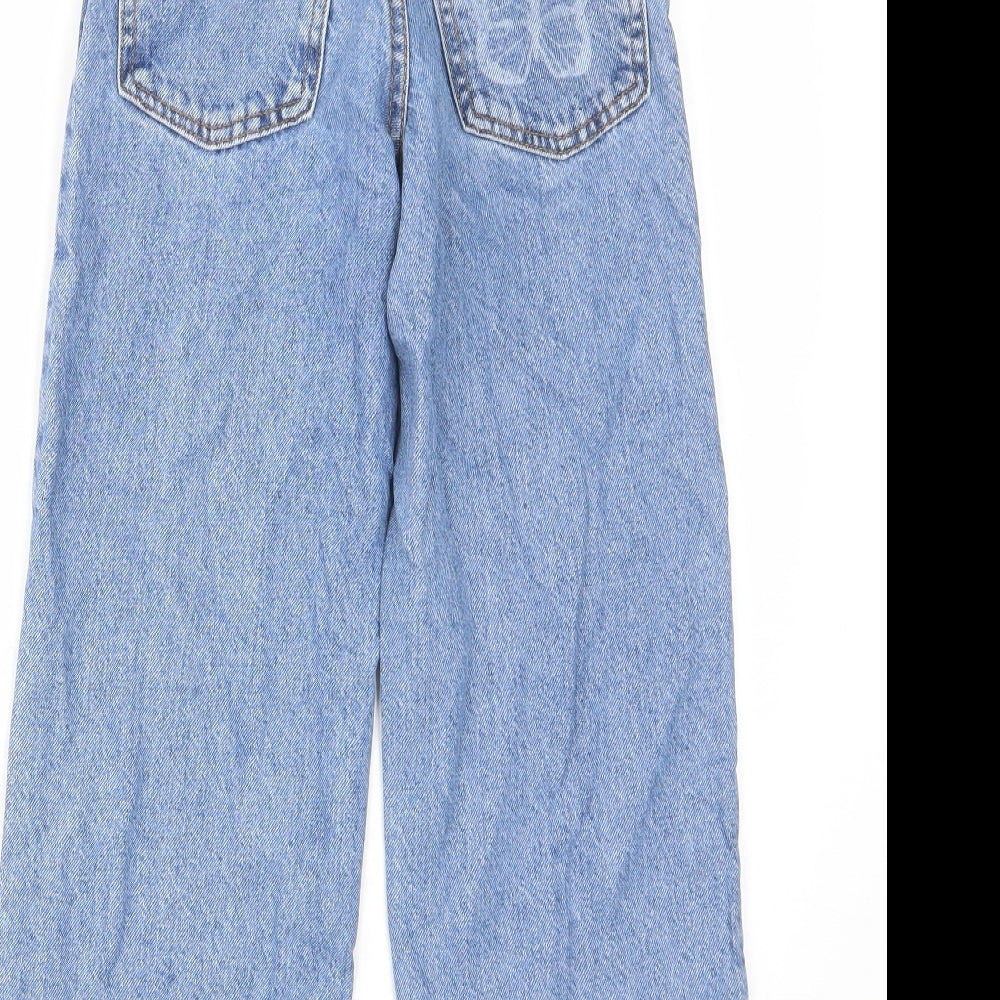 Denim & Co. Girls Blue Geometric Cotton Wide-Leg Jeans Size 8-9 Years Regular Zip - Butterfly, Pockets, Adjustable waist