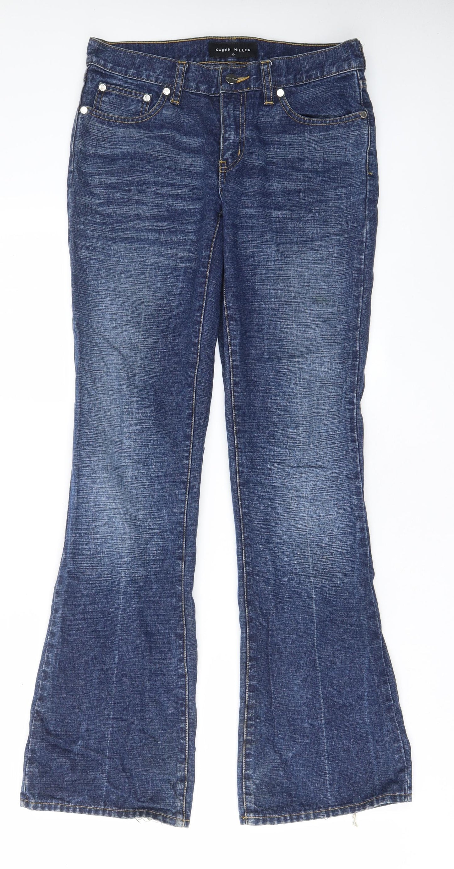 Karen Millen Womens Blue Cotton Bootcut Jeans Size 10 L32 in Regular Zip - Pockets, Belt Loops, Logo