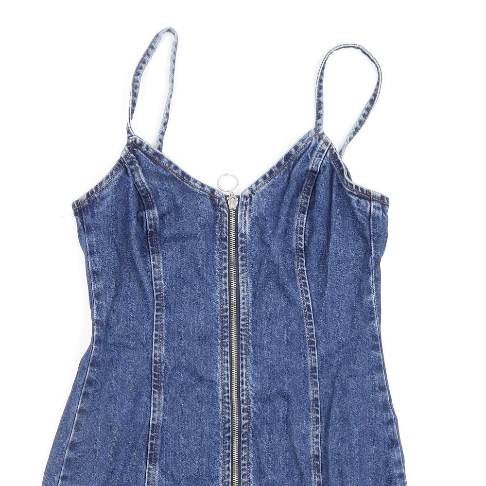 Topshop Womens Blue 100% Silk A-Line Size 6 Scoop Neck Zip