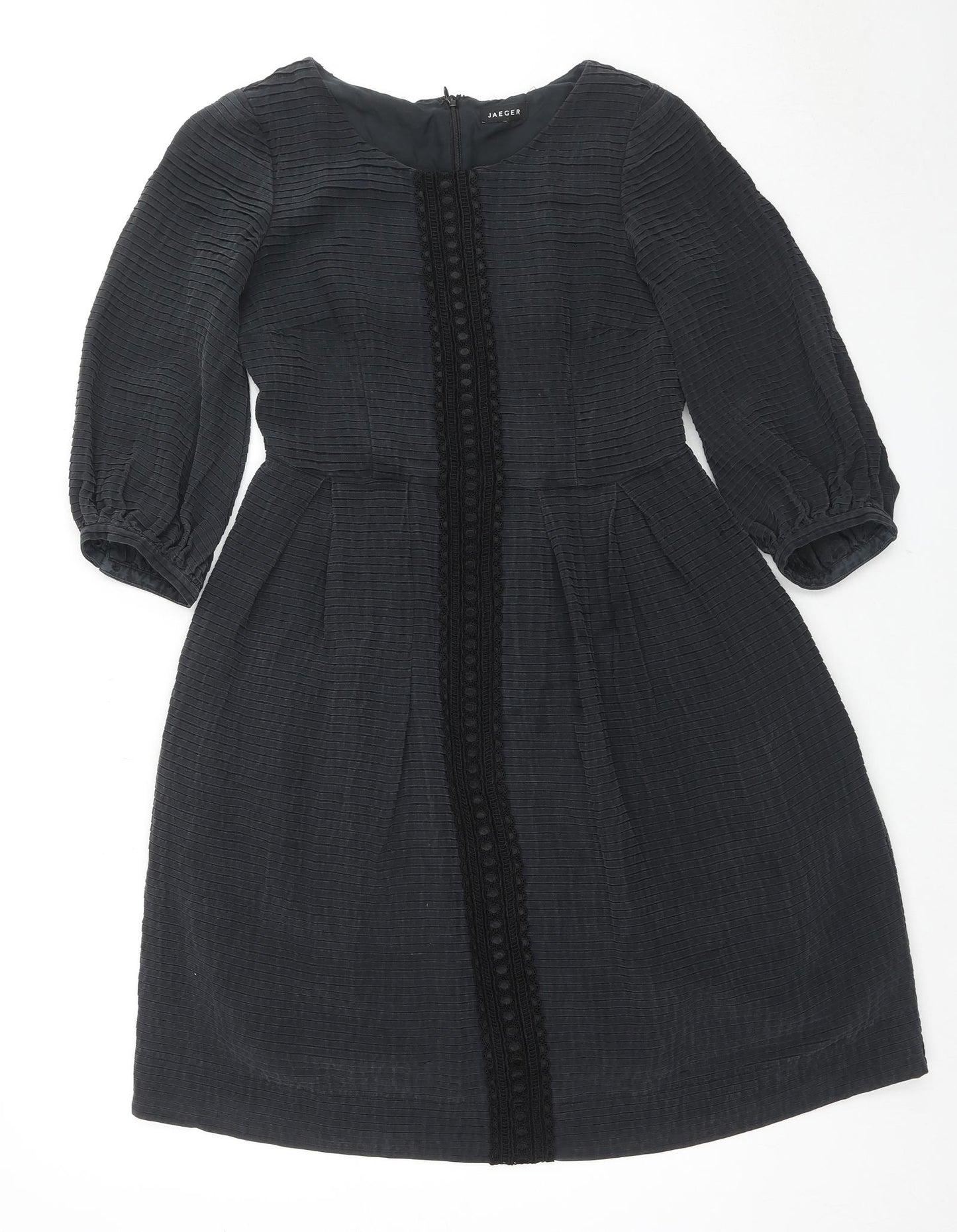 Jaeger Womens Black Silk A-Line Size 6 Round Neck Zip