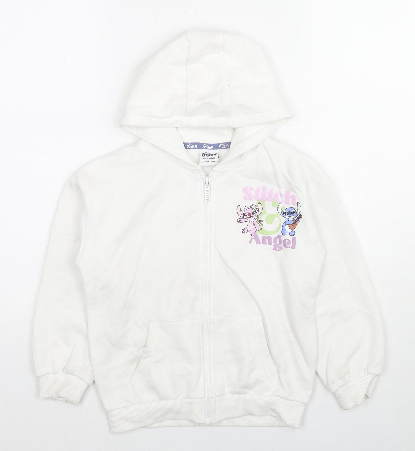 Disney Girls White Cotton Full Zip Hoodie Size 7-8 Years Zip - Stitch & Angel