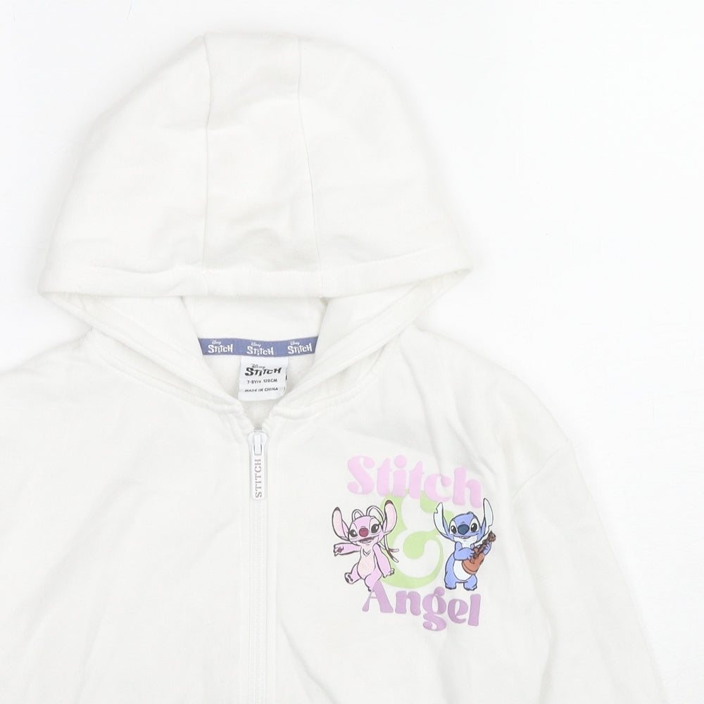 Disney Girls White Cotton Full Zip Hoodie Size 7-8 Years Zip - Stitch & Angel