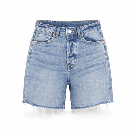 Front view of H&M women’s blue cotton bermuda shorts, size UK 6, 6-inch leg regular zip - raw hems