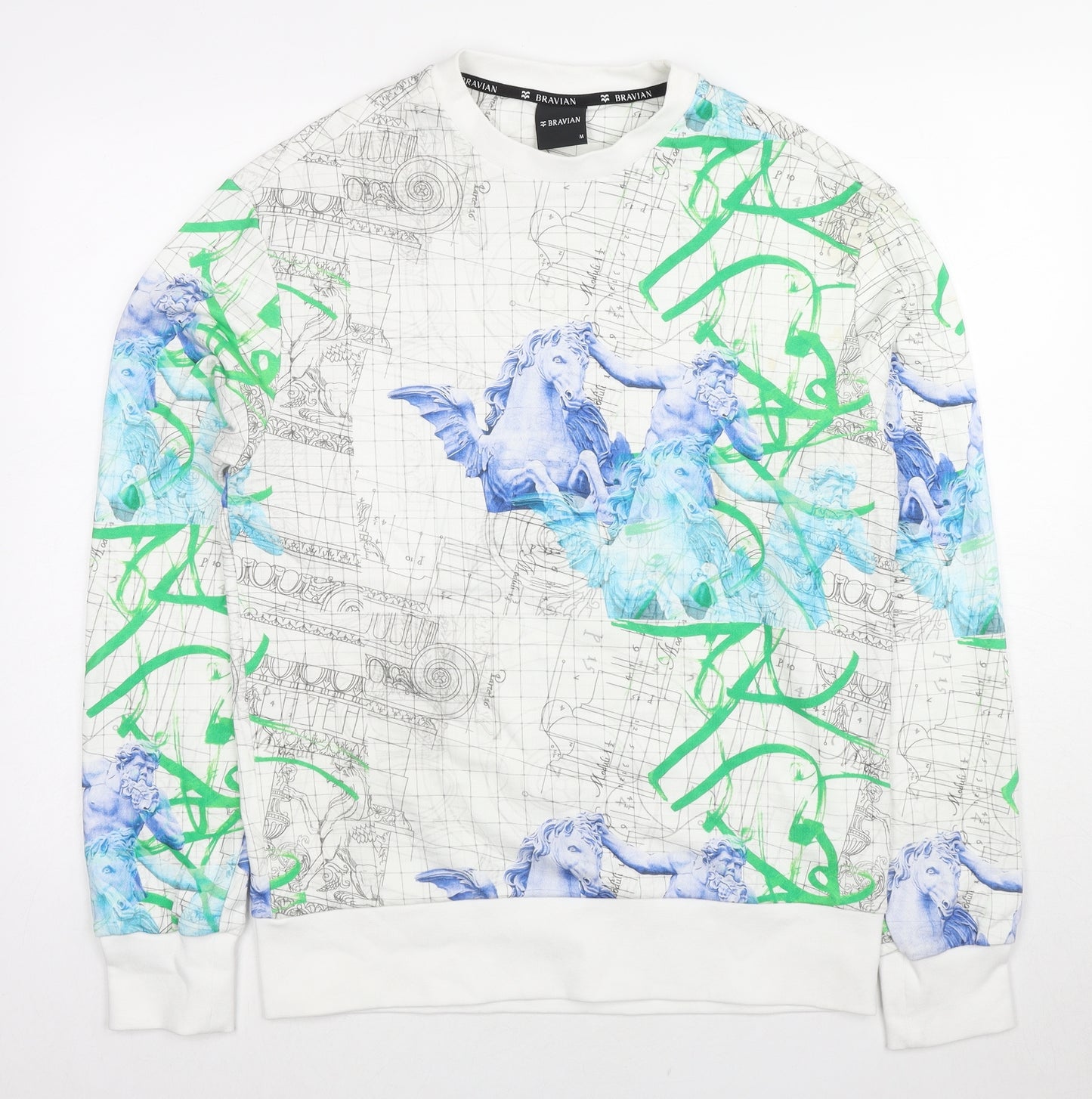 Bravian Mens Multicoloured Geometric Cotton Pullover Sweatshirt Size M - Art