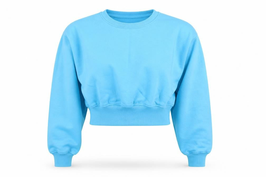Front view of Boohoo women’s blue cotton pullover sweatshirt, size S, pullover