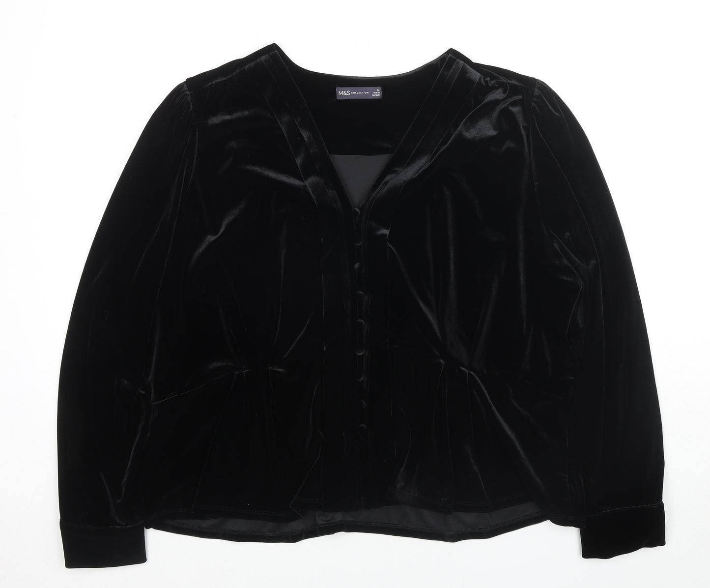 Marks and Spencer Womens Black Polyester Basic Button-Up Size 24 V-Neck