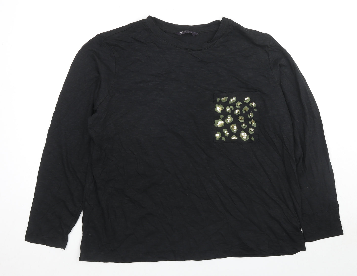 Marks and Spencer Womens Black Cotton Basic T-Shirt Size 20 Round Neck - Leopard detail