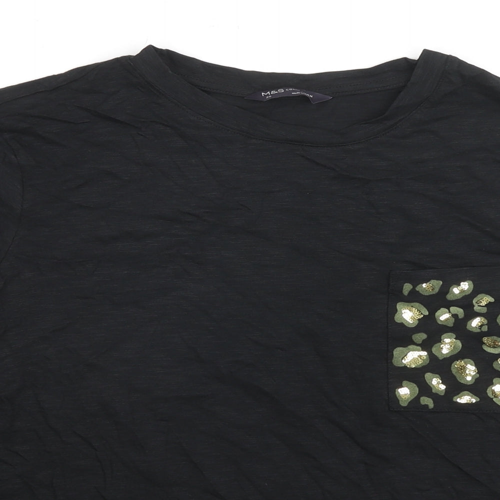 Marks and Spencer Womens Black Cotton Basic T-Shirt Size 20 Round Neck - Leopard detail