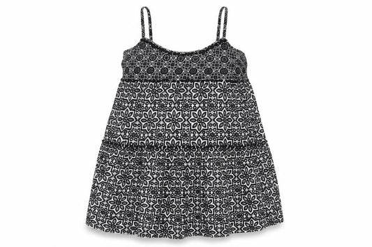 Front view of Topshop women’s black geometric polyester a-line, size UK 10, scoop neck pullover - smocked