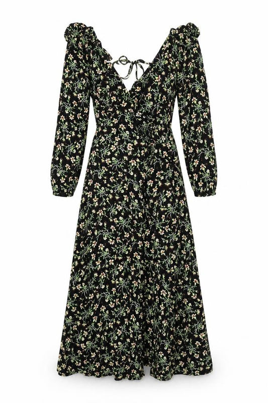 Front view of Topshop women’s multicoloured floral viscose wrap dress, size UK 10, v-neck tie - frill