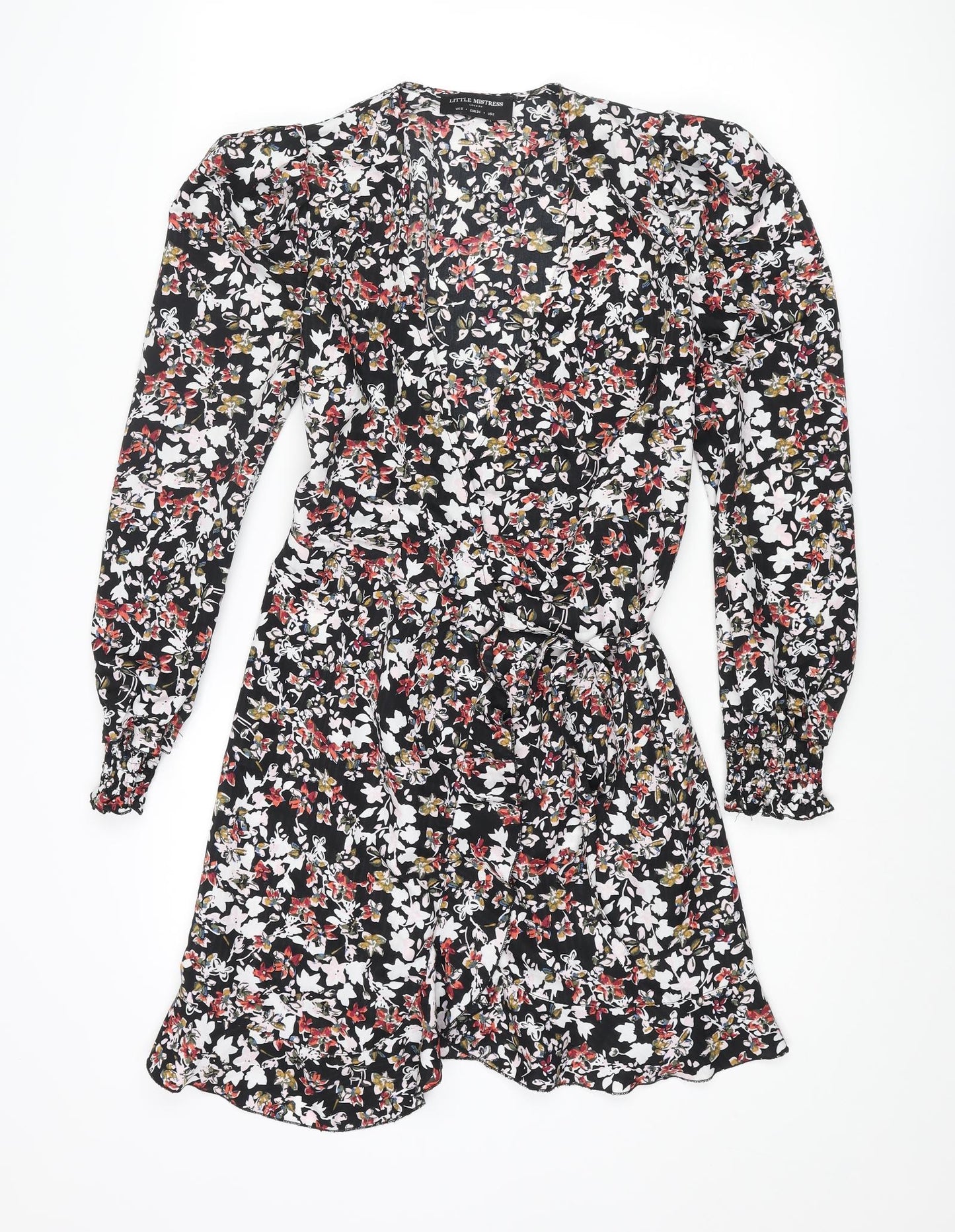 Little Mistress Womens Multicoloured Floral Polyester Wrap Dress Size 6 V-Neck Tie - Frill