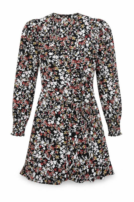 Front view of Little Mistress women’s multicoloured floral polyester wrap dress, size UK 6, v-neck tie - frill