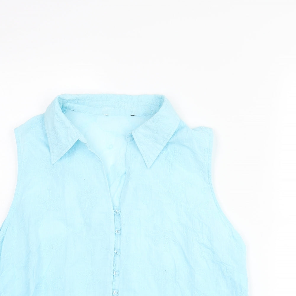 Bonmarché Womens Blue Cotton Basic Blouse Size 18 Collared - Embroidered, Sheer