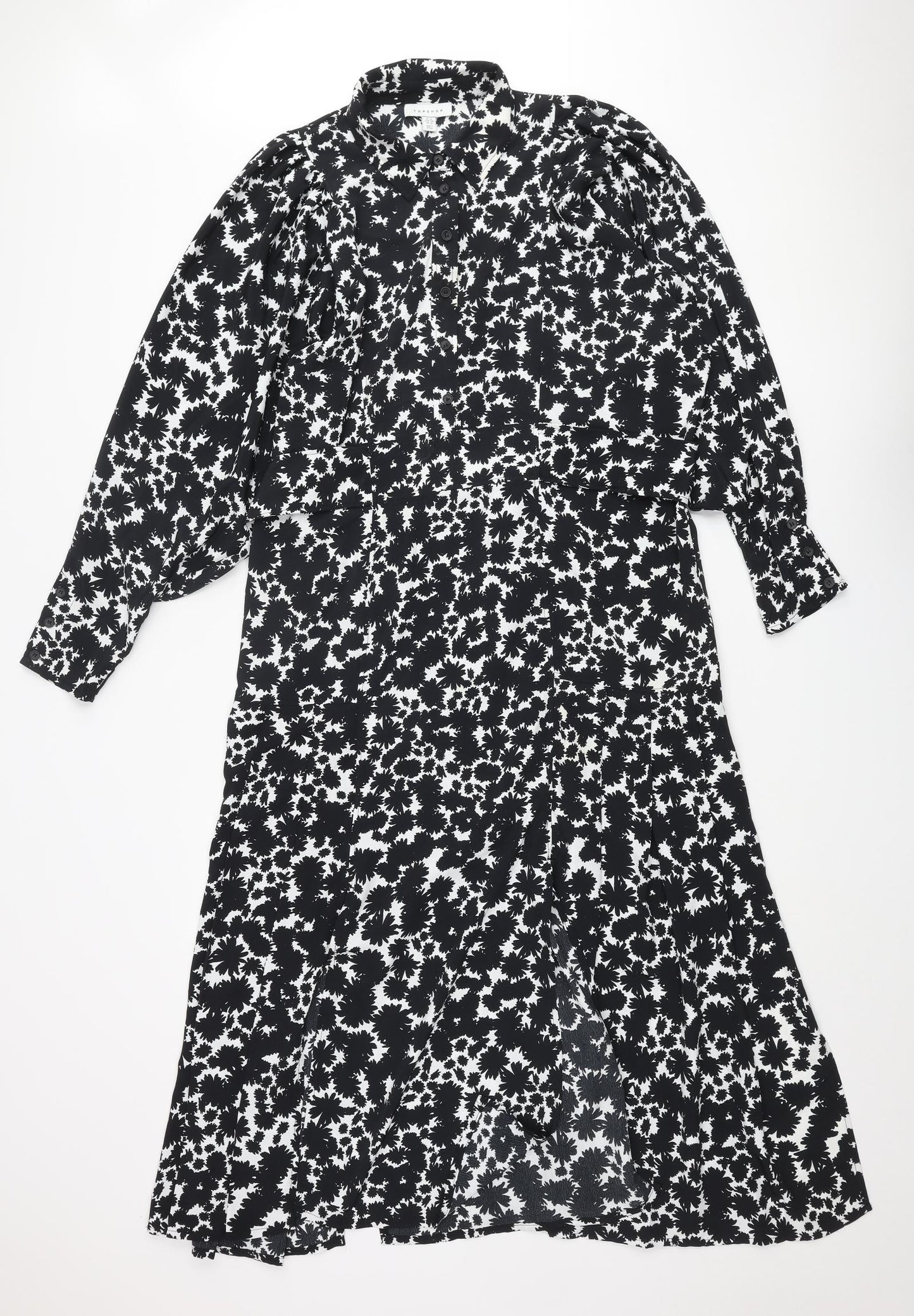 Topshop Womens Black Floral Polyester Shirt Dress Size 16 Collared Button - Batwing