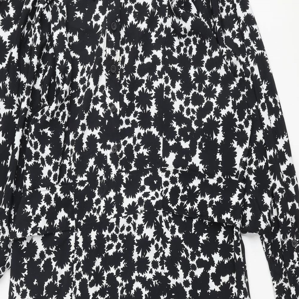 Topshop Womens Black Floral Polyester Shirt Dress Size 16 Collared Button - Batwing