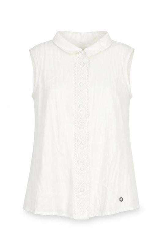 Front view of Nümph women’s white polyester basic blouse, size UK 12, collared - lace trim