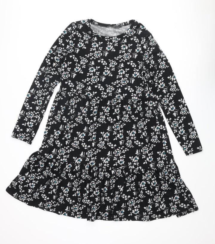 Roman Womens Black Floral Polyester A-Line Size 14 Round Neck Pullover